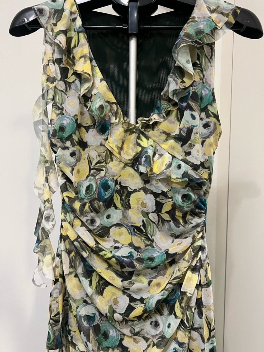 Zara NWT Floral Ruched Mesh Mini Dress Size L Ruffle Trim Sleeveless - Picture 3 of 14